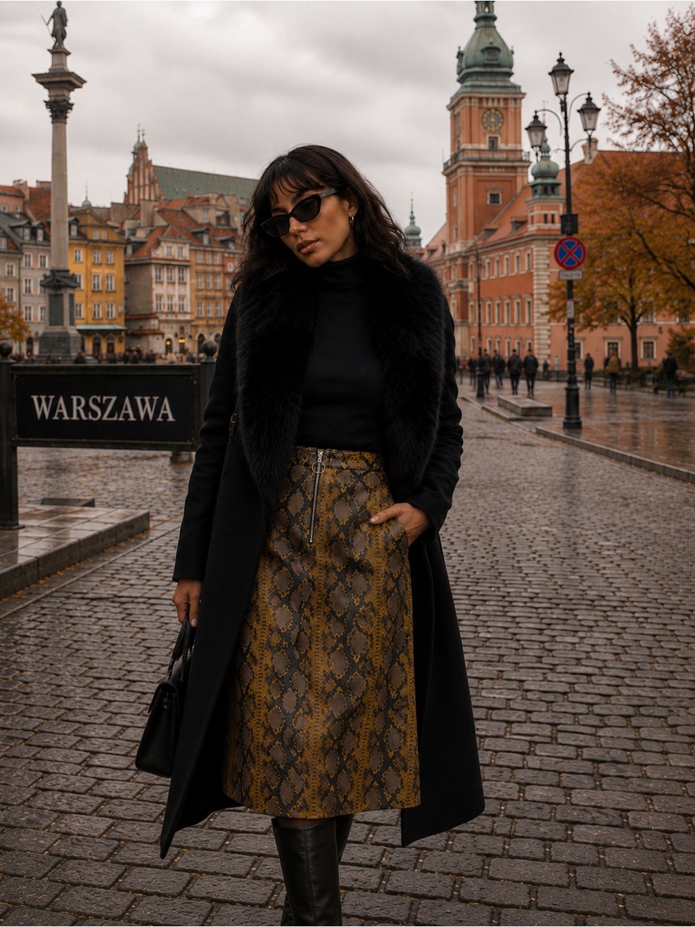 Zara Yellow Brown Snake-Print A-Line Skirt with Ring Zip